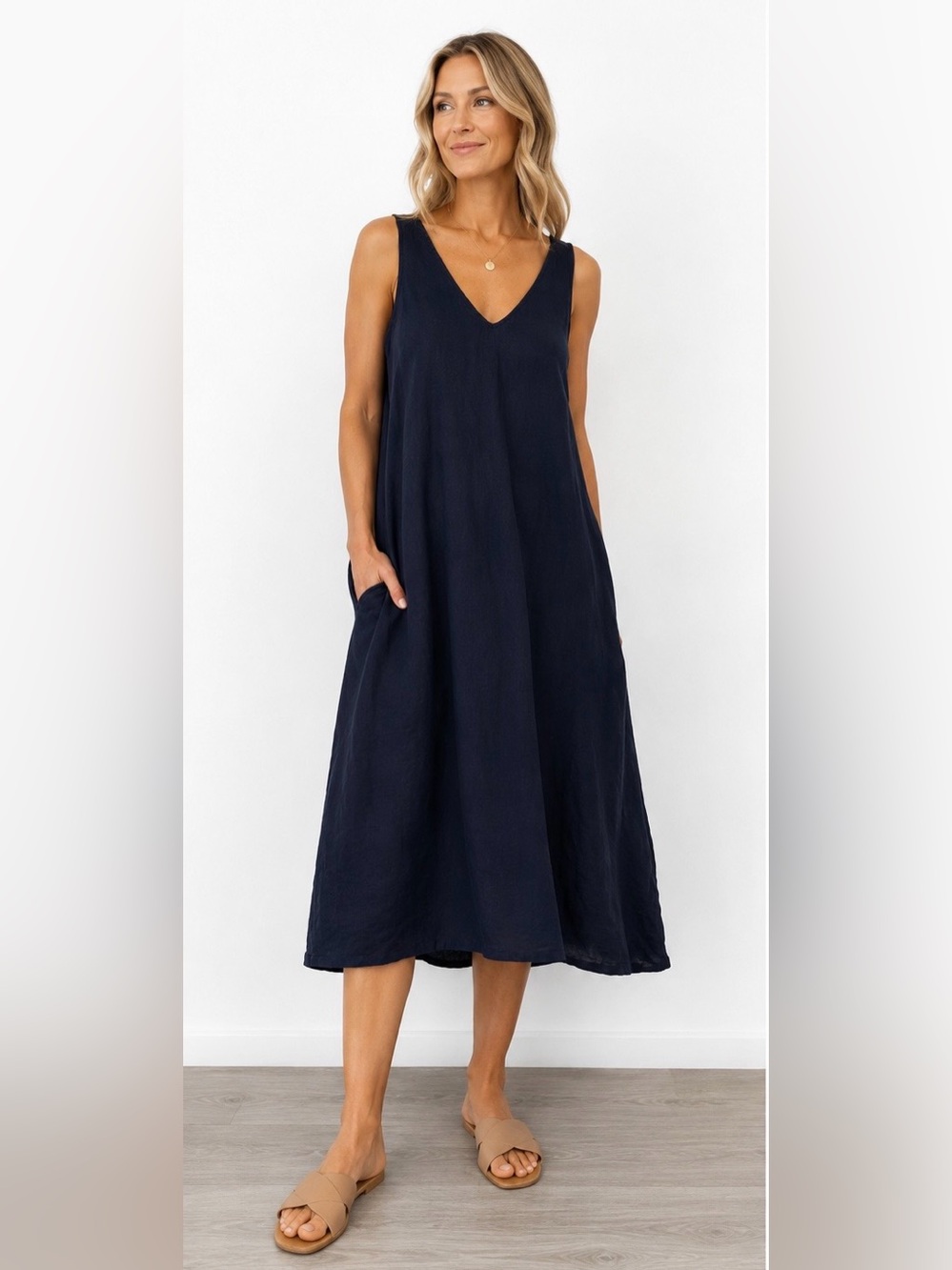 Tahari 100% Linen Navy Blue Sleeveless Midi Dress V-Neck Relaxed Fit